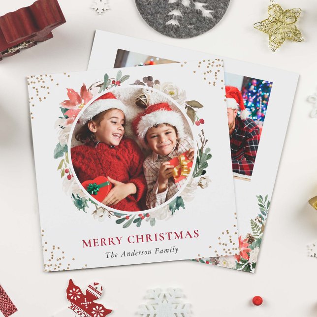 Rustic Berries Floral Merry Christmas Photo Square Holiday Card (Creator Uploaded)