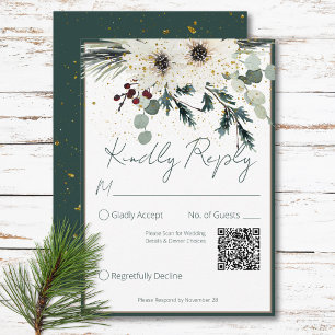 Rustic Berries Winter Floral QR Code Wedding  RSVP Card