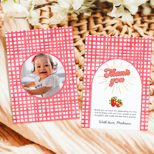 Rustic Berry First Birthday Photo Red Strawberry Thank You Card (Creator Uploaded)