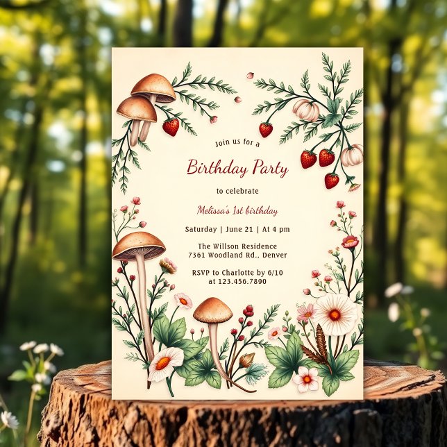 Rustic Berry Nature Mushroom Woodland 1st Birthday Invitation (Rustic Berry Nature Mushroom Woodland 1st Birthday Invitation)
