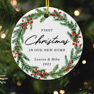 Rustic Berry Wreath First Christmas in New Home Ceramic Ornament