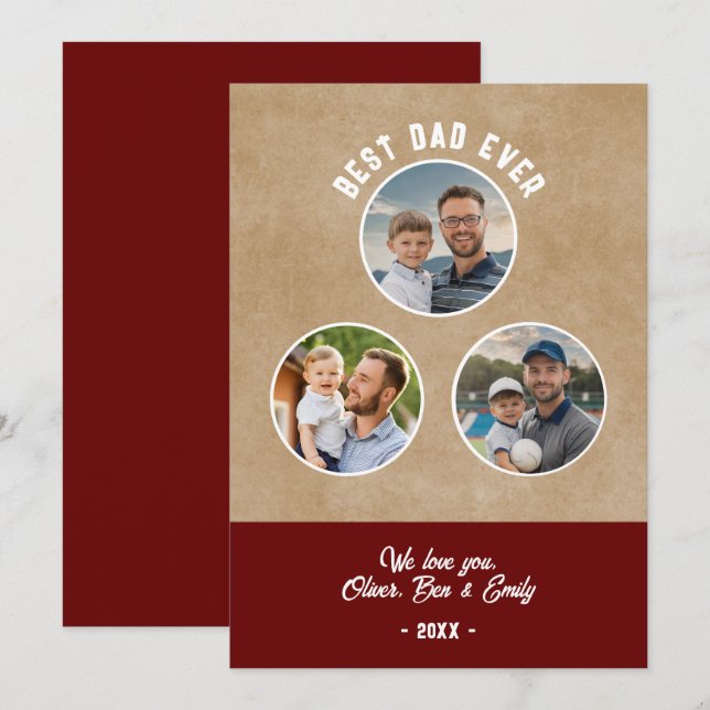 Rustic Best Dad 3 Photos Father`s Day Keepsake  Card (Front/Back)
