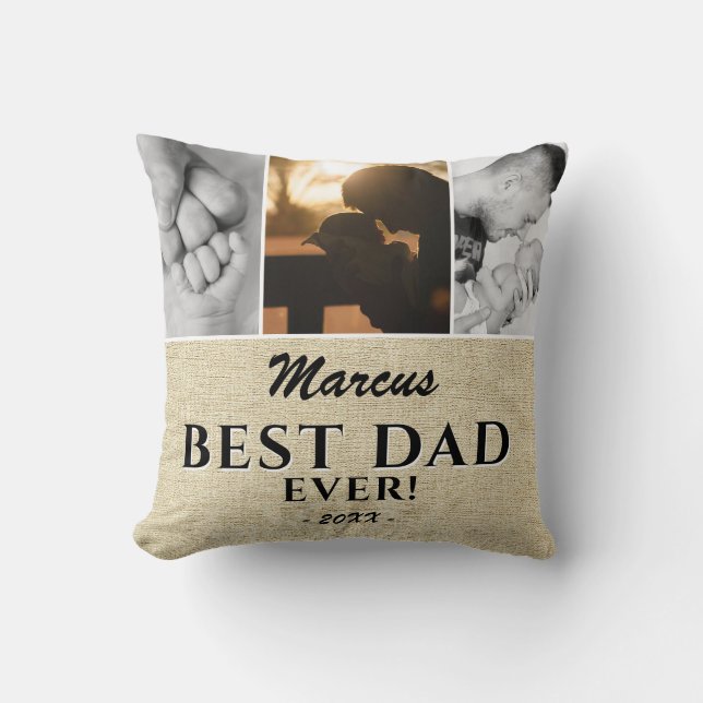 Rustic Best Dad Ever Father`s Day 3 Photo Collage Cushion (Front)