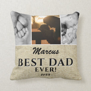 Rustic Best Dad Ever Father`s Day 3 Photo Collage Cushion