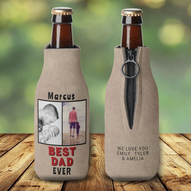 Rustic Best Dad Father`s Day 2 Photo Collage Bottle Cooler (Creator Uploaded)