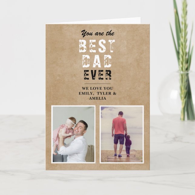 Rustic Best Dad Father`s Day 2 Photo Collage Holiday Card (Front)