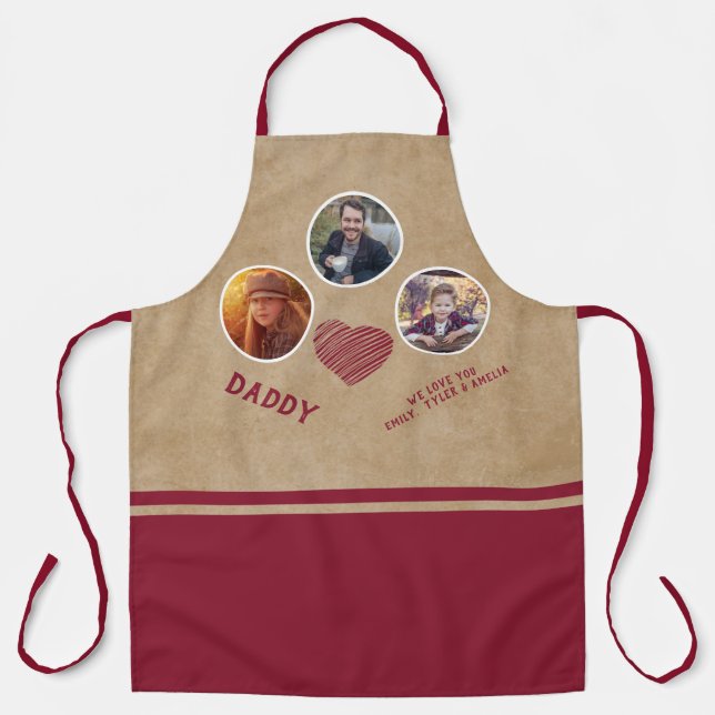 Rustic Best Dad Heart Father`s Day 3 Photo Collage Apron (Front)