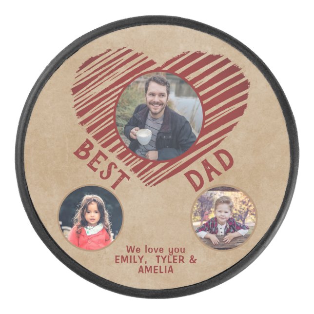 Rustic Best Dad Red Heart Father`s Day 3 Photos Hockey Puck (Front)