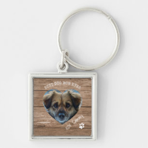 Rustic Best Dog Mom Ever Pet Photo & Paw Print Key Ring