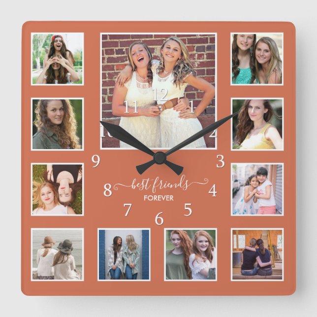 Rustic Best Friends 11 Photo Collage Terracotta  Square Wall Clock (Front)