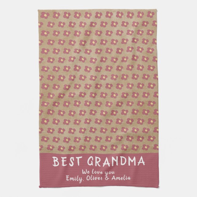 Rustic Best Grandma Red Flower Pattern Tea Towel (Vertical)