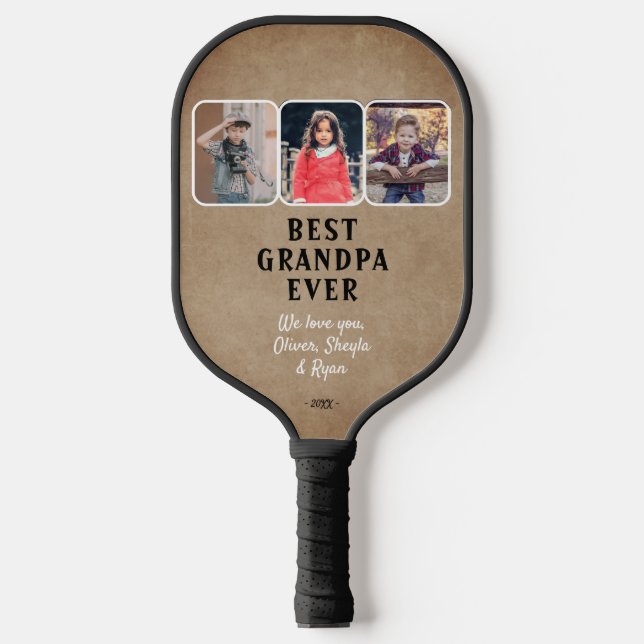 Rustic Best Grandpa Ever Grandkids 3 Photo Collage Pickleball Paddle (Front)