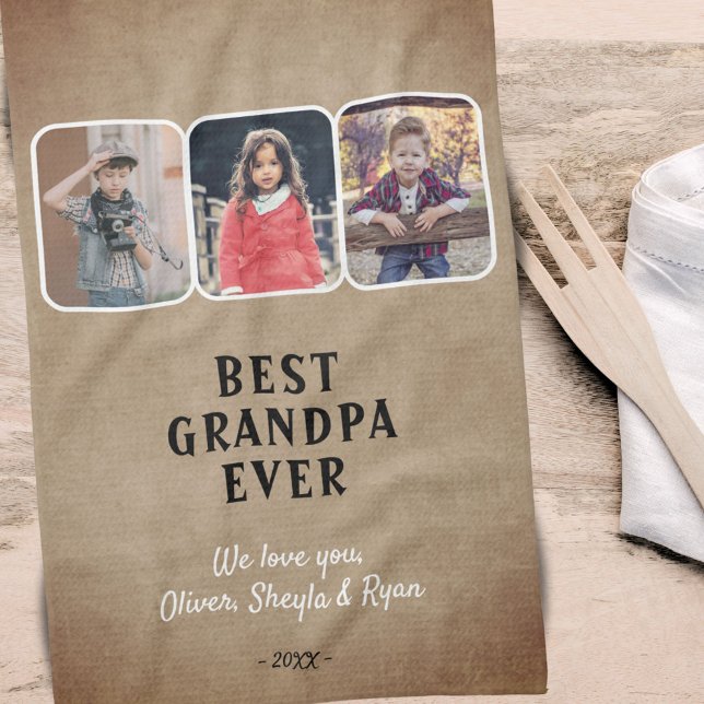 Rustic Best Grandpa Ever Grandkids 3 Photo Collage Tea Towel (Creator Uploaded)