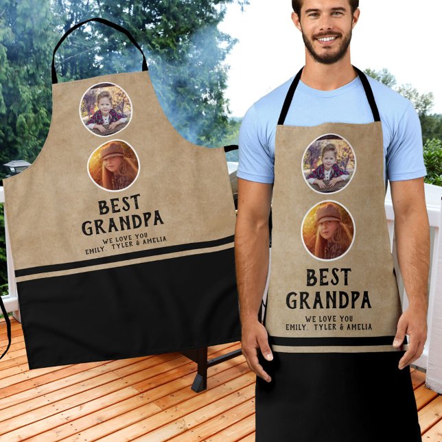 Rustic Best Grandpa Father`s Day 2 Photo Black Apron (Creator Uploaded)