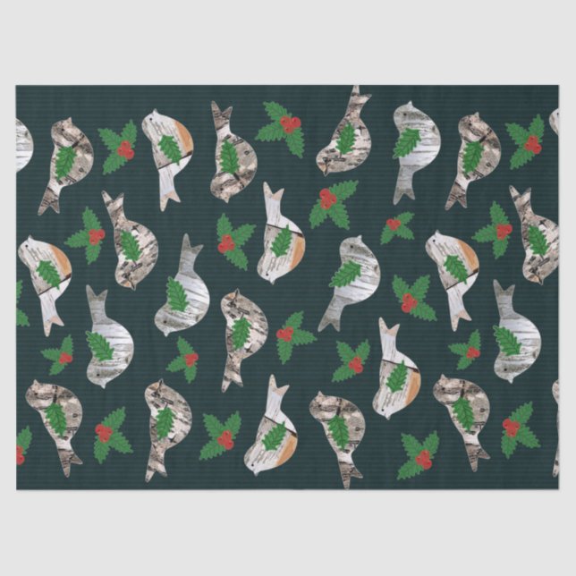 Rustic Birch Bark Birds Red Holly Berry Christmas Tissue Paper (Front)