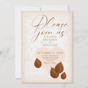 Rustic Birch Bark Carved Heart Autumn Fall Wedding Invitation