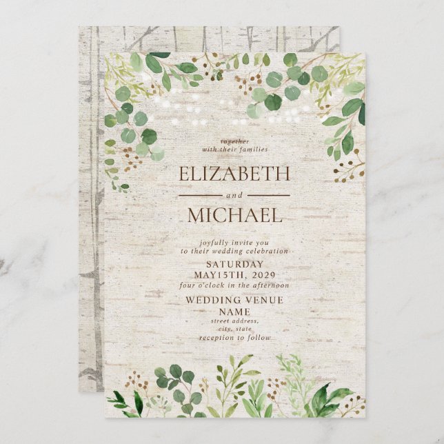 Rustic Birch Botanicals Forest Outdoor Wedding Invitation (Front/Back)