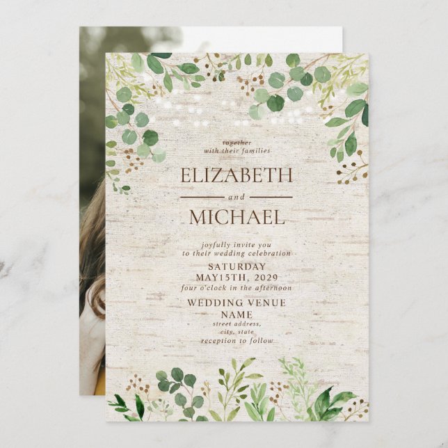 Rustic Birch Botanicals Forest Photo Wedding Invitation (Front/Back)
