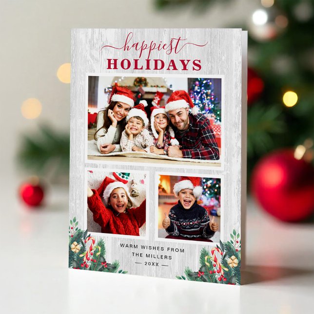 Rustic Birch Mistletoe Happiest Holidays 3 Photo Holiday Card (Creator Uploaded)