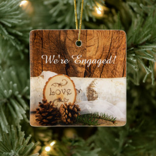 Rustic Birch Tree and Barn Wood Engagement Ceramic Tree Decoration