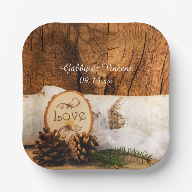 Rustic Birch Tree and Barn Wood Wedding Paper Plate (Front)