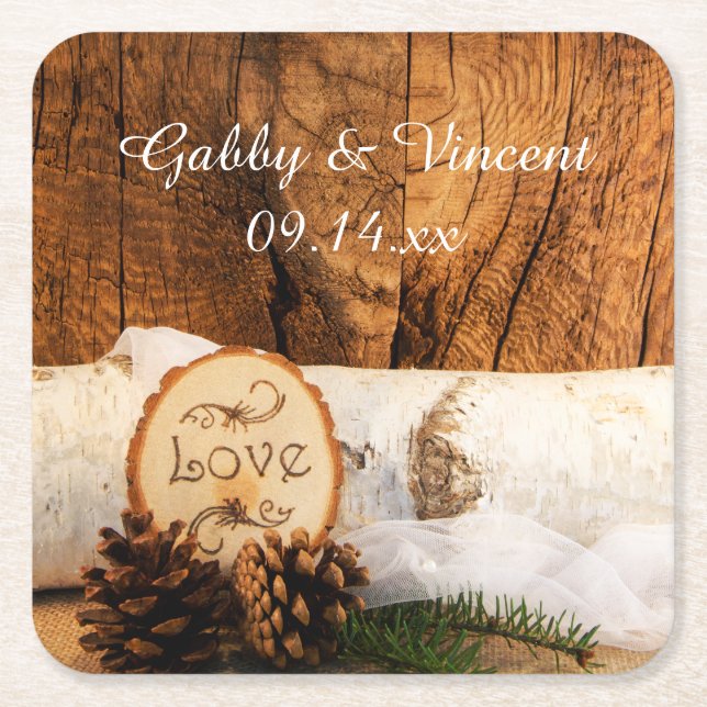 Rustic Birch Tree and Barn Wood Wedding Square Paper Coaster (Front)