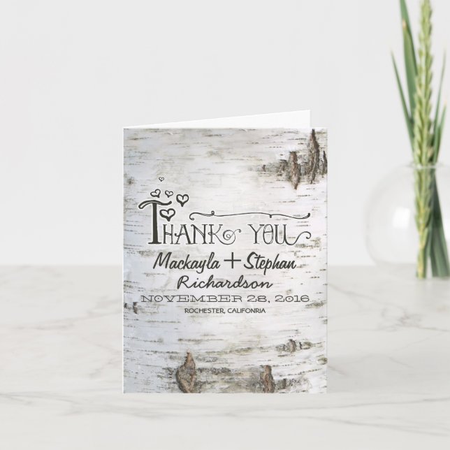 rustic birch tree bark wedding thank you card (Front)