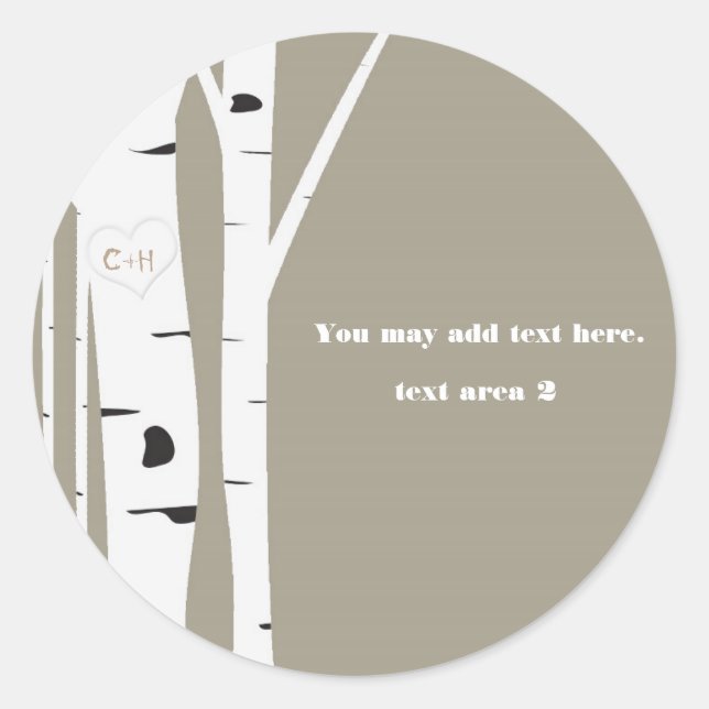 Rustic Birch Tree Carved Heart Taupe Favour Classic Round Sticker (Front)