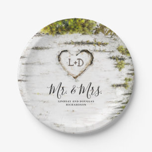 Rustic Birch Tree Heart Fall Wedding Paper Plate