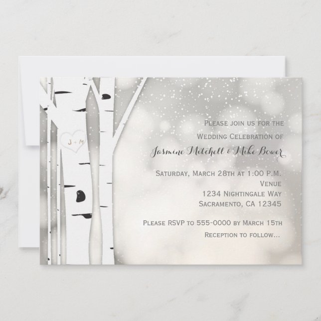 Rustic Birch Tree Winter White Wedding Invitation (Front)