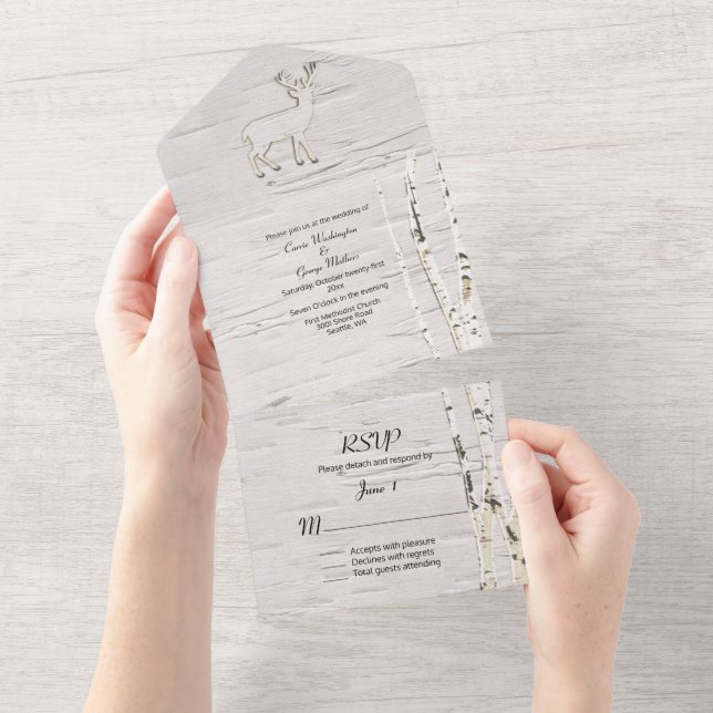 Rustic Birch Trees and Deer Wedding All In One Invitation (Tearaway)
