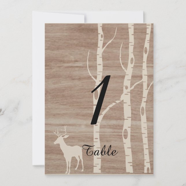 Rustic Birch Trees and Deer Wedding Table Number (Front)