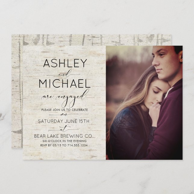 Rustic Birch Typography Photo Engagement Party Invitation (Front/Back)