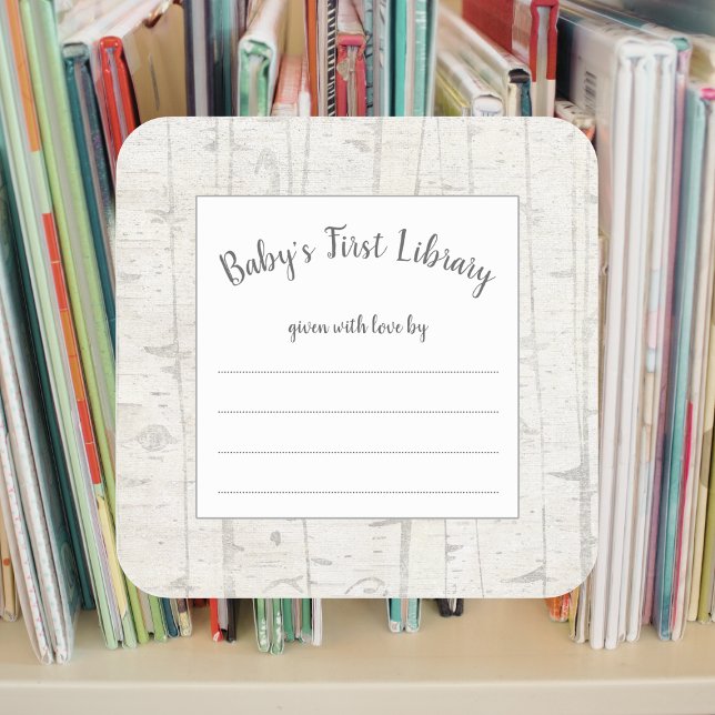 Rustic birch wood baby shower book plate bookplate square sticker (Creator Uploaded)
