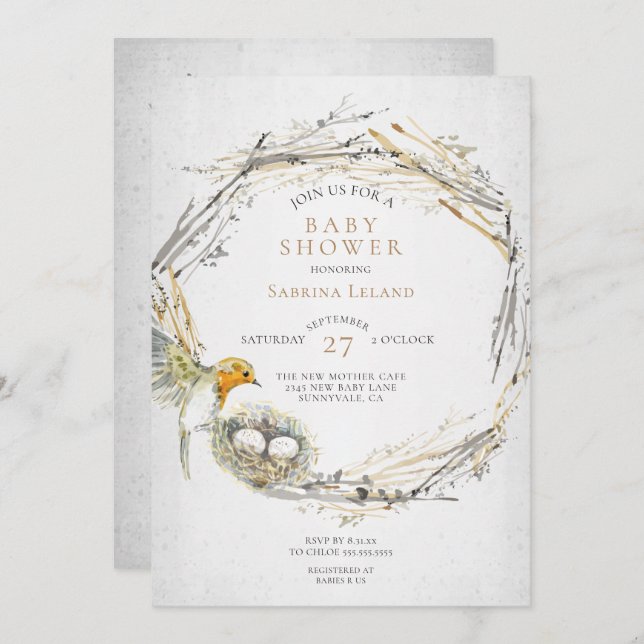 Rustic Bird and Nest Watercolor Twins Baby Shower Invitation (Front/Back)