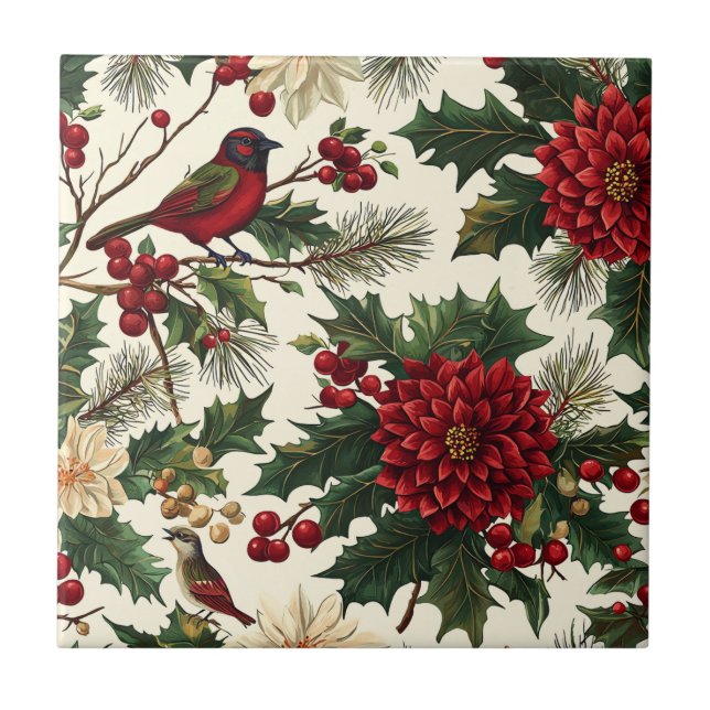 Rustic Bird and Poinsettia Christmas Pattern (10)  Ceramic Tile (Front)