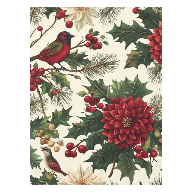 Rustic Bird and Poinsettia Christmas Pattern (10) Tablecloth (Front)