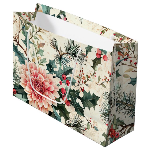 Rustic Bird and Poinsettia Christmas Pattern (11) Large Gift Bag (Front Angled)