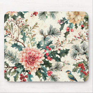 Rustic Bird and Poinsettia Christmas Pattern (11) Mouse Pad