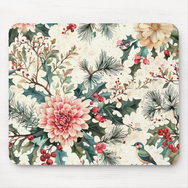 Rustic Bird and Poinsettia Christmas Pattern (11) Mouse Pad (Front)