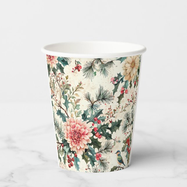 Rustic Bird and Poinsettia Christmas Pattern (11) Paper Cups (Back)