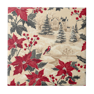 Rustic Bird and Poinsettia Christmas Pattern (12) Ceramic Tile