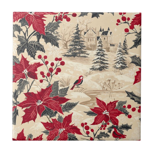 Rustic Bird and Poinsettia Christmas Pattern (12)  Ceramic Tile (Front)