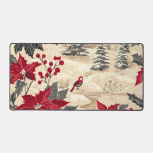 Rustic Bird and Poinsettia Christmas Pattern (12) Desk Mat