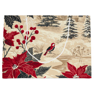 Rustic Bird and Poinsettia Christmas Pattern (12) Large Gift Bag