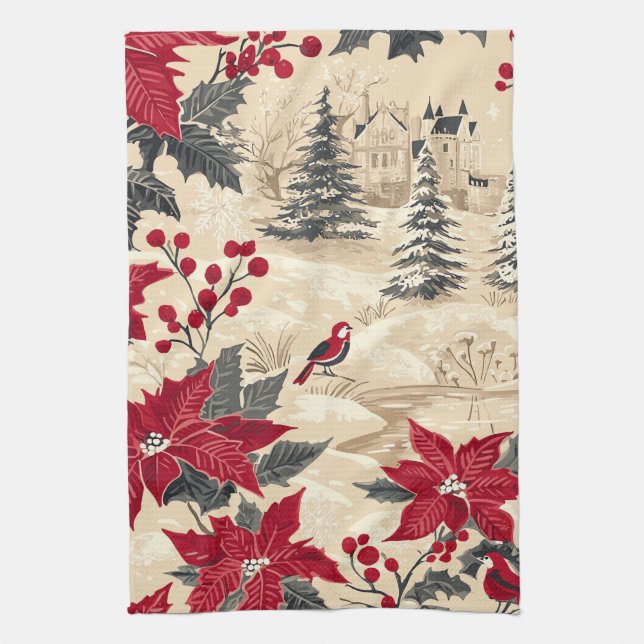 Rustic Bird and Poinsettia Christmas Pattern (12) Tea Towel (Vertical)