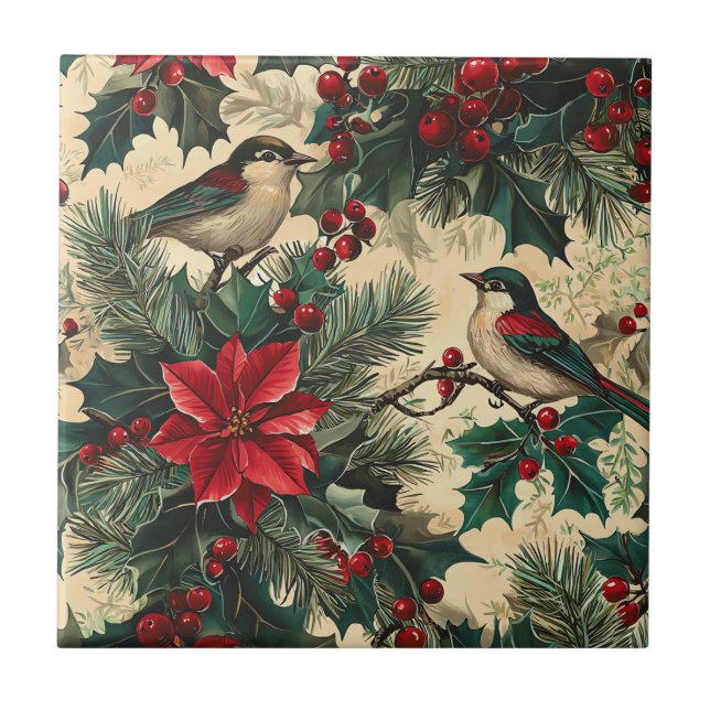 Rustic Bird and Poinsettia Christmas Pattern (13)  Ceramic Tile (Front)