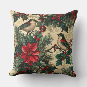Rustic Bird and Poinsettia Christmas Pattern (13) Cushion