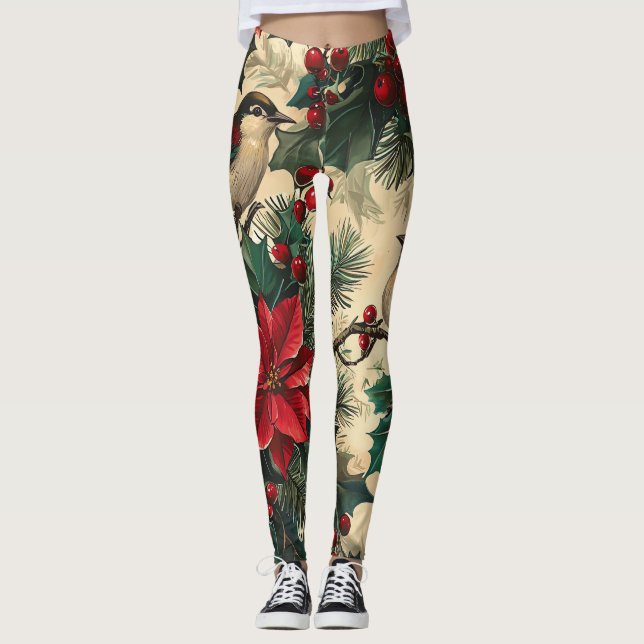 Rustic Bird and Poinsettia Christmas Pattern (13) Leggings (Front)