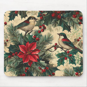 Rustic Bird and Poinsettia Christmas Pattern (13) Mouse Pad
